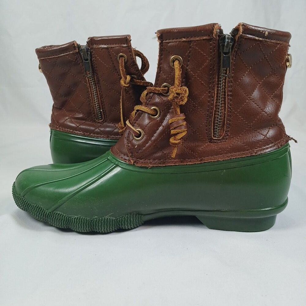 Steve Madden Duck Boots Women’s Size 8 Green Rubber Brown Leather Quilted Winter - Picture 8 of 13